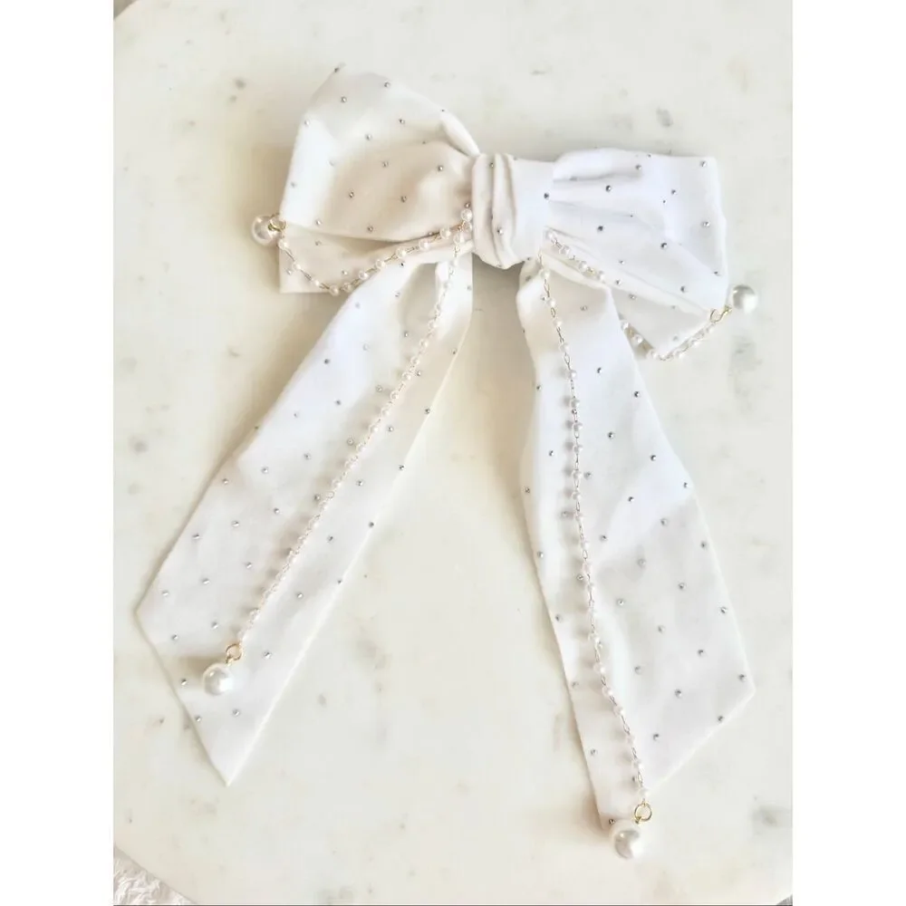 Elegant Pearl Chain Rhinestone Bow Hair Clip — Bridal / Coquette
